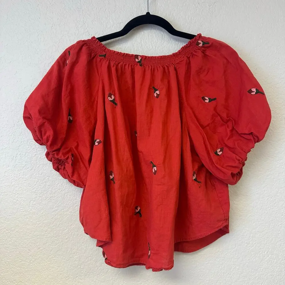 Free People Wind in Her Hair Embroidered Peasant Crop Top Red Size XS